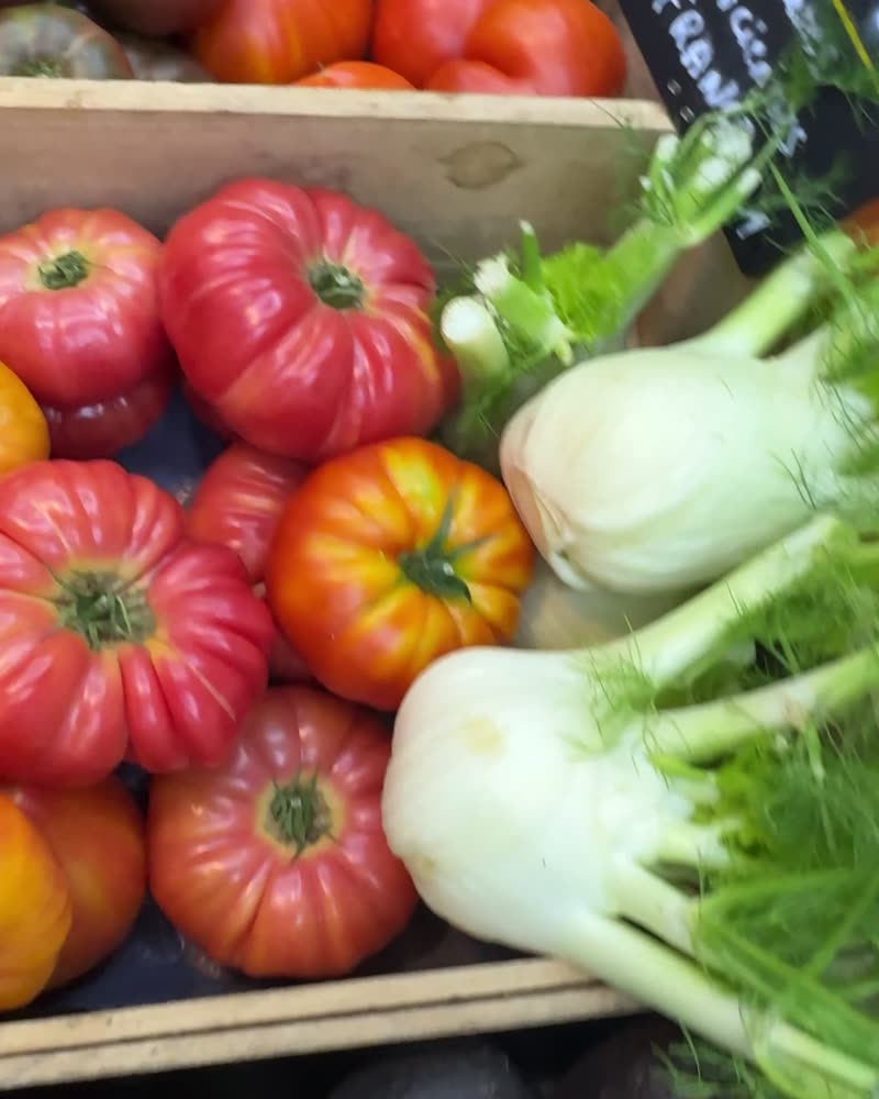 Bulbes de fenouil posés sur un cageot de tomates de pays.